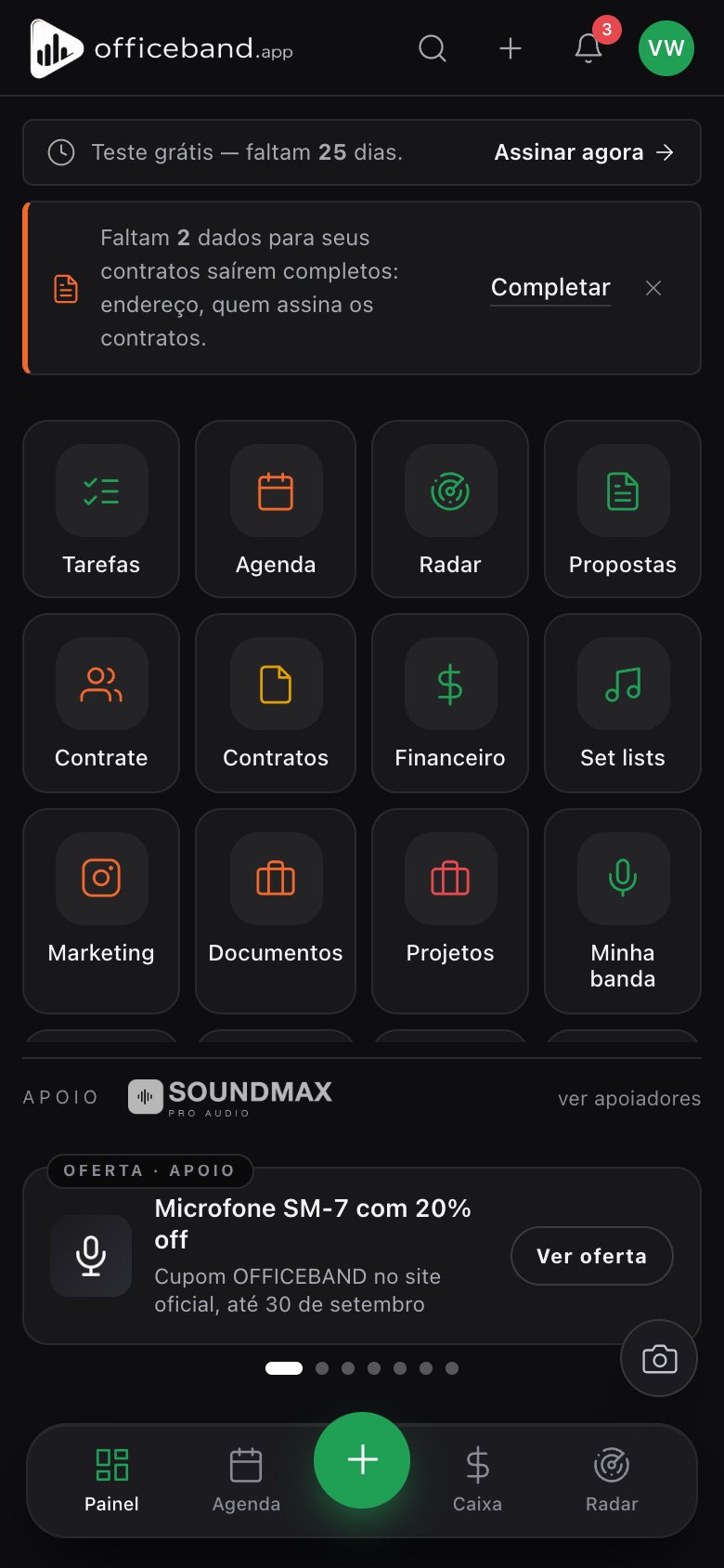 Mini-banner de oferta no painel